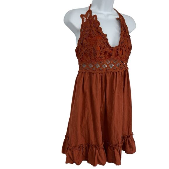 Shein Curve Vacay Spaghetti Strap Mini Dress Size XL Rust Crochet Lace Tie - Picture 1 of 13
